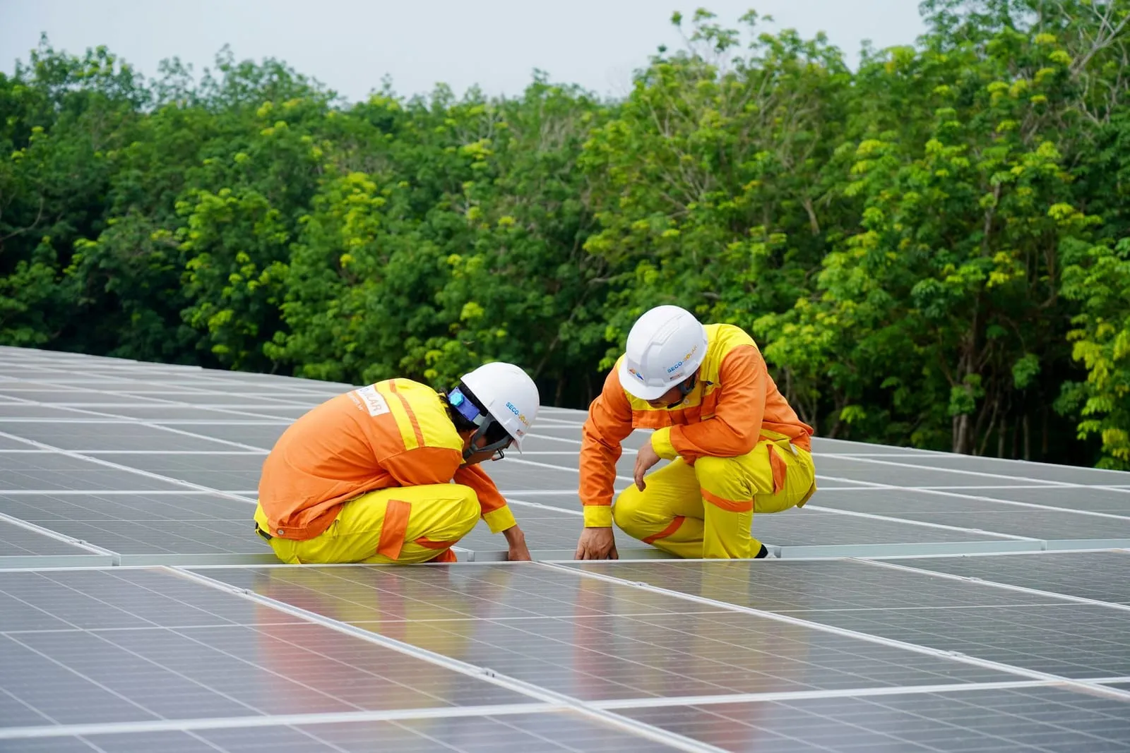 Monteure verschrauben Photovoltaik-Module auf einer Dachfläche (Symbolbild)